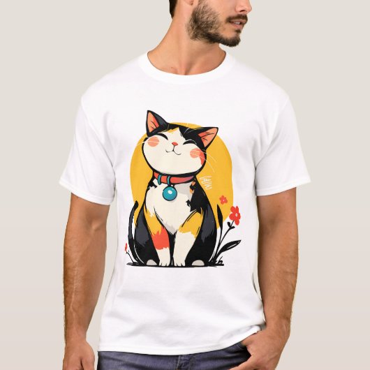 T-shirt Chubby Smiling Calico Cat Badge (Devant)