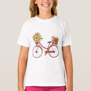 T-shirt Chute. Vélo vintage avec Citrouilles, Tournesols 