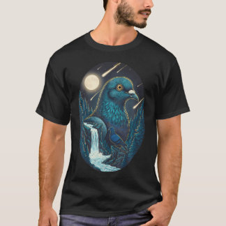 T-shirt Ciel nocturne au pigeon Lune Météore Art Oiseau Na