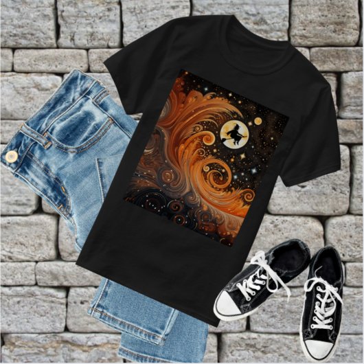 T-shirt Ciel orange avec lune et sorcière dans la chambre