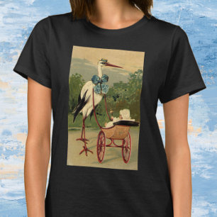 T-shirt Cigogne et voiture d'enfant victorienne vintage