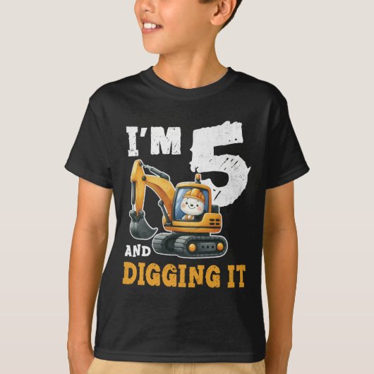 T-shirt Cinq 5ans 5e anniversaire Digger Boy Construction (Devant)