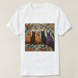 T-shirt Cinq chats sur une branche d'arbre de style vitrai