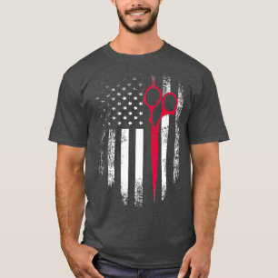 T-shirt Ciseau blanc rouge vintage Barbier à drapeau amé