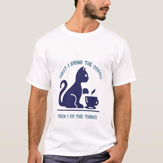 T-shirt , Citation sur le café, un beau chat bleu (Devant)