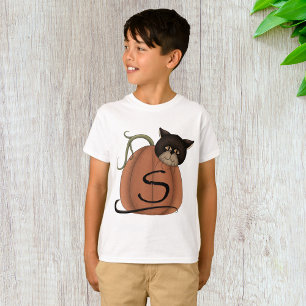 T-shirt Citrouille Chat Noir Lettre S Halloween