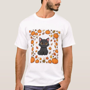 T-shirt Citrouille chat noir Patchwork d'art mignon Hallow
