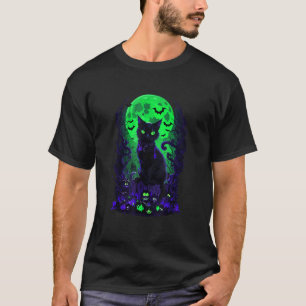 T-shirt Citrouille de lune lumineuse verte chat noir d'Hal
