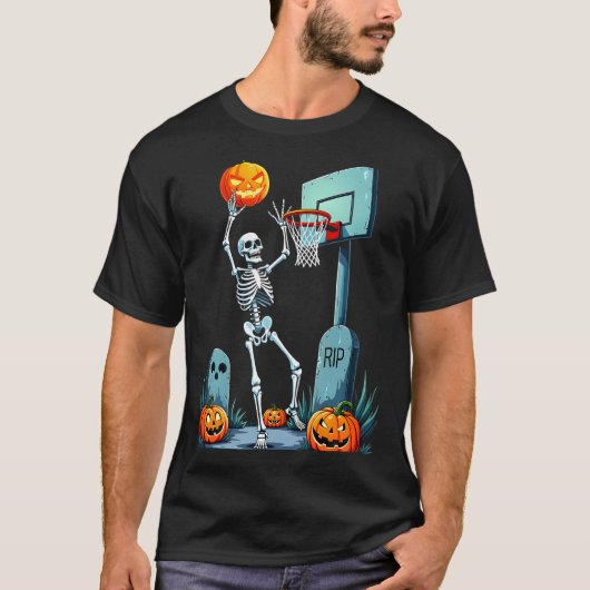 T-shirt Citrouille de squelette de basketball d'Halloween (Devant)