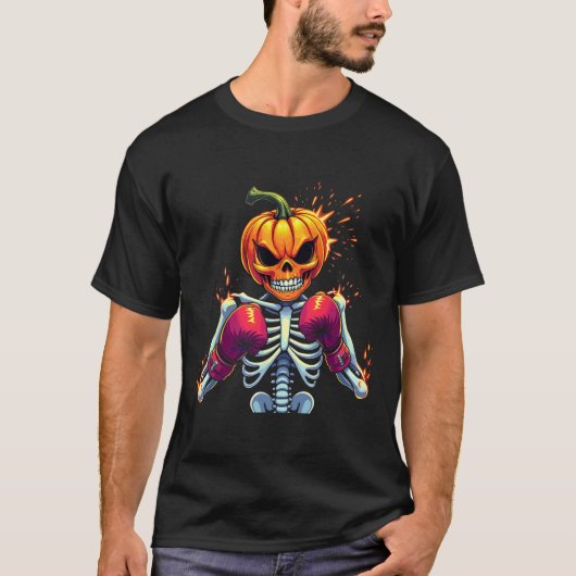 T-shirt Citrouille Head Skeleton Boxe Halloween Éffrayant (Devant)