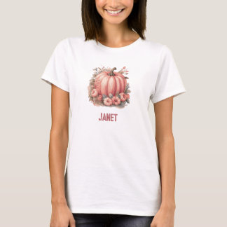 T-shirt Citrouille rose et feuilles automnales