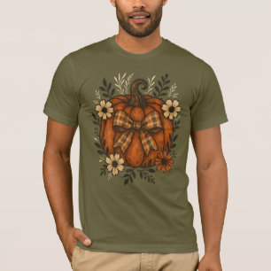 T-shirt Citrouille rustique avec Bow Plaid et Fleurs d'Aut
