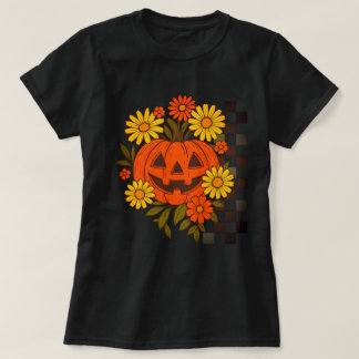 T-shirt Citrouille souriante Design Floral Rétro Halloween