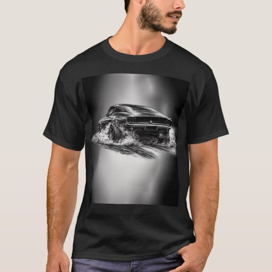 T-shirt Classic Muscle Car Burnout Black & White  (Devant)