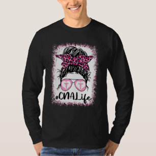 T-shirt Cna Life Messy Bun Pink Leopard Bleached Nurse D