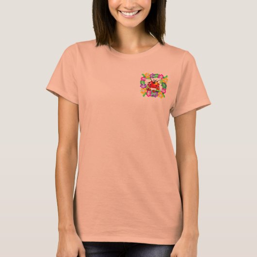 T-shirt coccinelle hawaïenne avec bébés sur fleurs d'hibis (Devant)