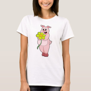 T-shirt Cochon à fleurs jaunes