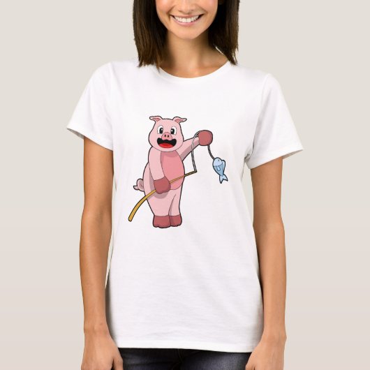T-shirt Cochon à la pêche avec la canne à pêche et le pois (Devant)