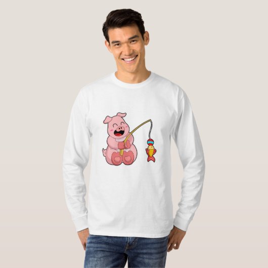 T-shirt Cochon à la pêche avec poisson (Devant entier)