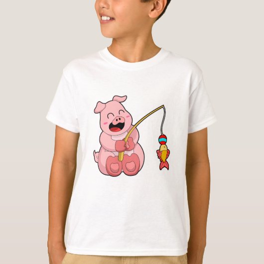 T-shirt Cochon à la pêche avec poisson (Devant)