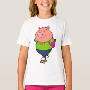 T-shirt Cochon à Patinage en ligne avec patins à rouleaux