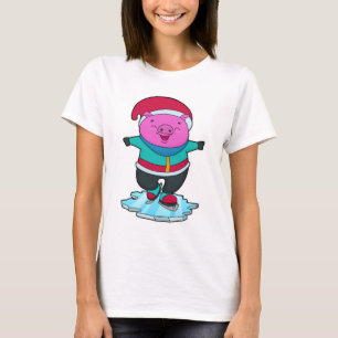 T-shirt Cochon à Patinage sur glace avec patins sur glace