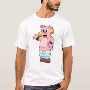 T-shirt Cochon au cricket avec batte de cricket