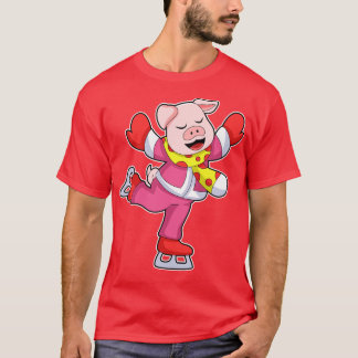 T-shirt Cochon au patinage sur glace avec des patins à gla