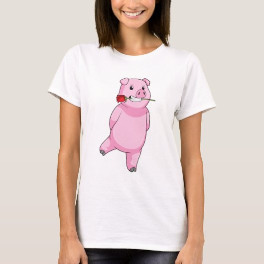 T-shirt Cochon avec fleur Rose (Devant)