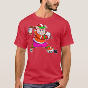 T-shirt Cochon de hockey sur glace avec bâton de hockey su