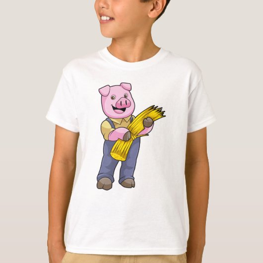 T-shirt Cochon en fermier avec paille (Devant)