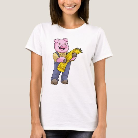 T-shirt Cochon en fermier avec paille (Devant)