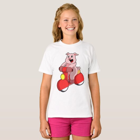 T-shirt Cochon en vélo avec Scooter (Devant entier)