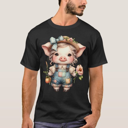 T-shirt Cochon fermier mignon dans les salons avec fleurs (Devant)