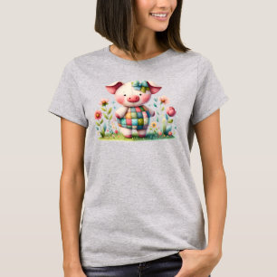 T-shirt Cochon Patchwork Fantaisiste dans un Jardin Floral