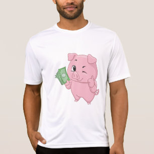 T-shirt Cochon Rose Tenant de l'Argent et Faisant un Pouce