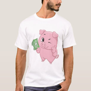 T-shirt Cochon Rose Tenant de l'Argent Faisant un Pouce en
