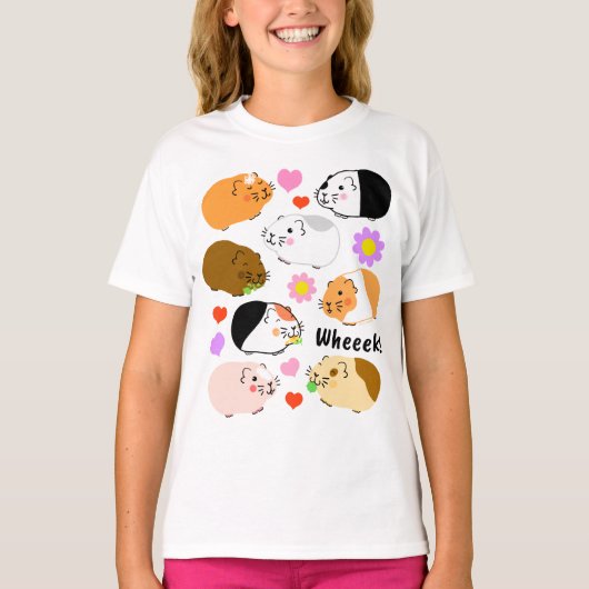 T-shirt Cochons d'Inde mignons avec des cœurs et des fleur (Devant)