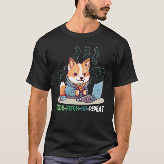 T-shirt Code Fetch Sip Repeat Coffee Binary Shiba Inu Prog (Devant)