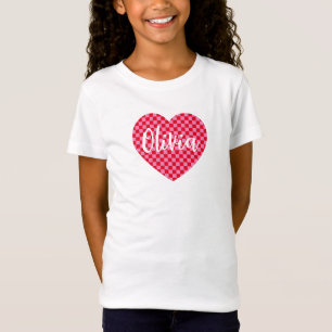 T-Shirt Cœur à carreaux rouge et rose avec nom