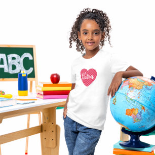 T-Shirt Cœur à carreaux rouge et rose avec nom