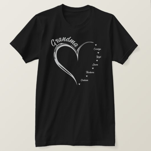 T-shirt Coeur avec 5 noms personnalisés, Grand-mère Coeur (Design devant)
