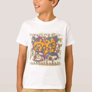 T-shirt Coeur d'art populaire avec feuilles et fleurs