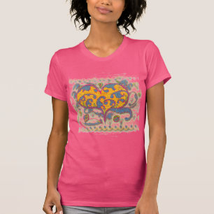 T-shirt Coeur d'art populaire avec feuilles et fleurs