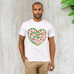 T-shirt Cœur en Tourbillon Vert Rempli de Cœurs Rouges