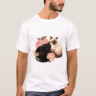 T-shirt Cœurs liés : chats siamois et noirs en fleurs