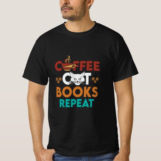 T-shirt Coffee Cat Books Repeat, Lecture de café Amoureux  (Devant)