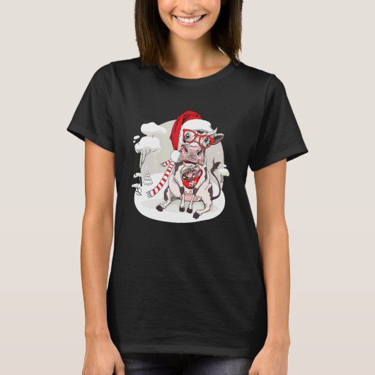 T-shirt Coffee Cow Christmas Lights Cute Xmas Santa Hat An (Devant)