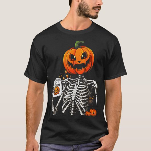 T-shirt Coffee Drinking Skeleton Pumpkin Halloween Costume (Devant)