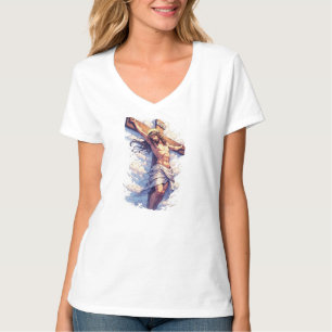 T-shirt col en V pour femme Jésus sur la Croix